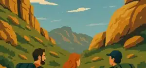 “Ilustración de tres mochileros caminando entre formaciones rocosas en Los Gigantes, Córdoba, con el texto ‘Los Gigantes con Mochila’ en el cielo azul.”