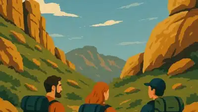 “Ilustración de tres mochileros caminando entre formaciones rocosas en Los Gigantes, Córdoba, con el texto ‘Los Gigantes con Mochila’ en el cielo azul.”